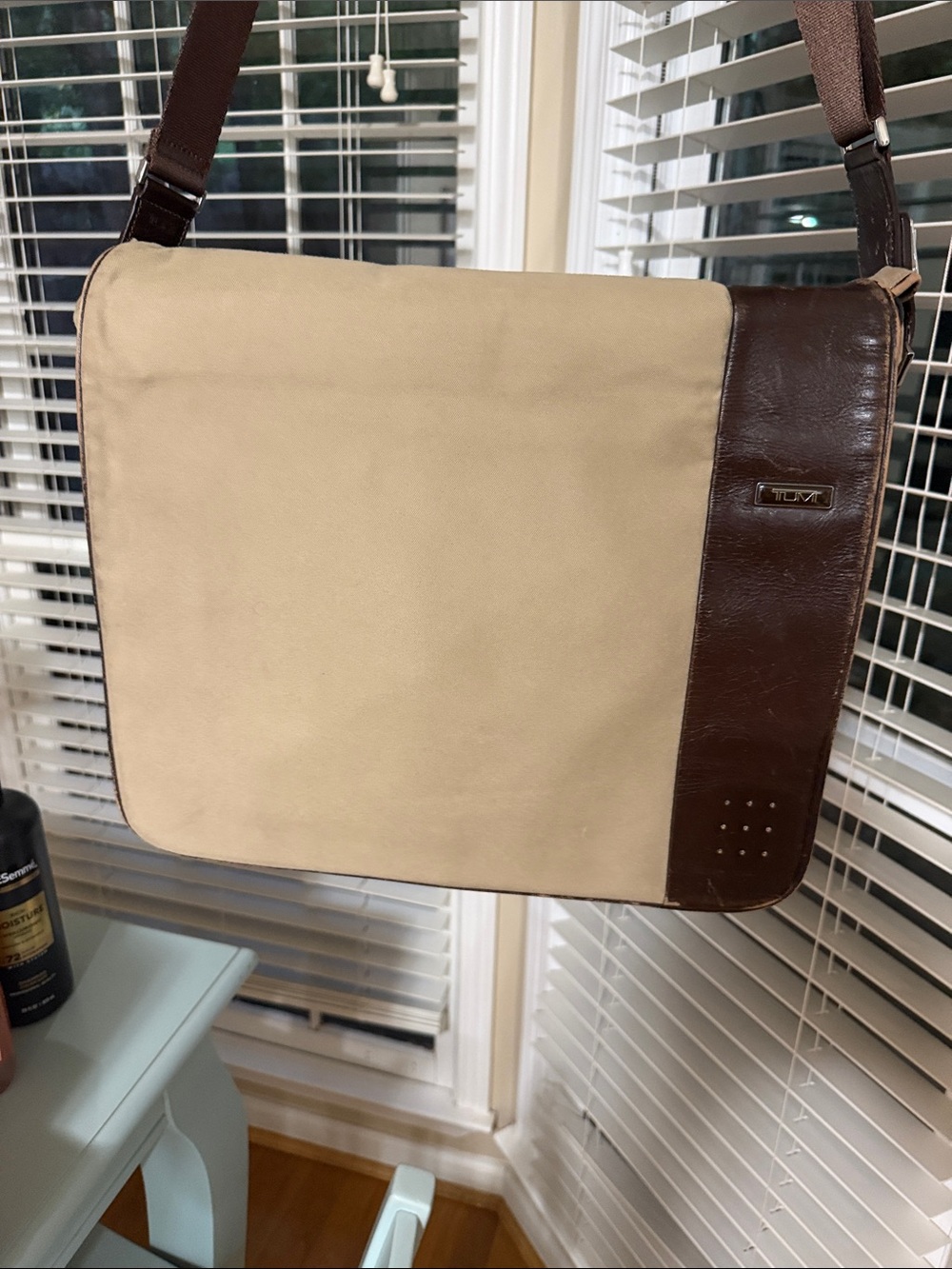 Tumi Beige Canvas Messenger with Brown Leather Trim